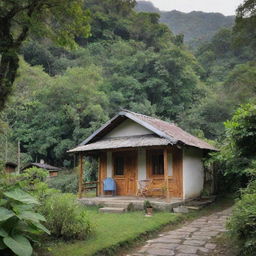 A quaint hut nestled within a peaceful village, surrounded by lush greenery and rustic charm