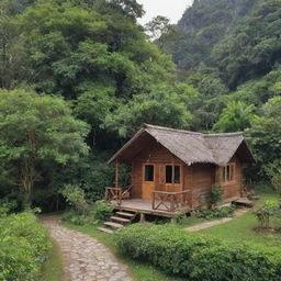 A quaint hut nestled within a peaceful village, surrounded by lush greenery and rustic charm