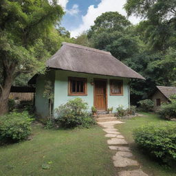 A quaint hut nestled within a peaceful village, surrounded by lush greenery and rustic charm