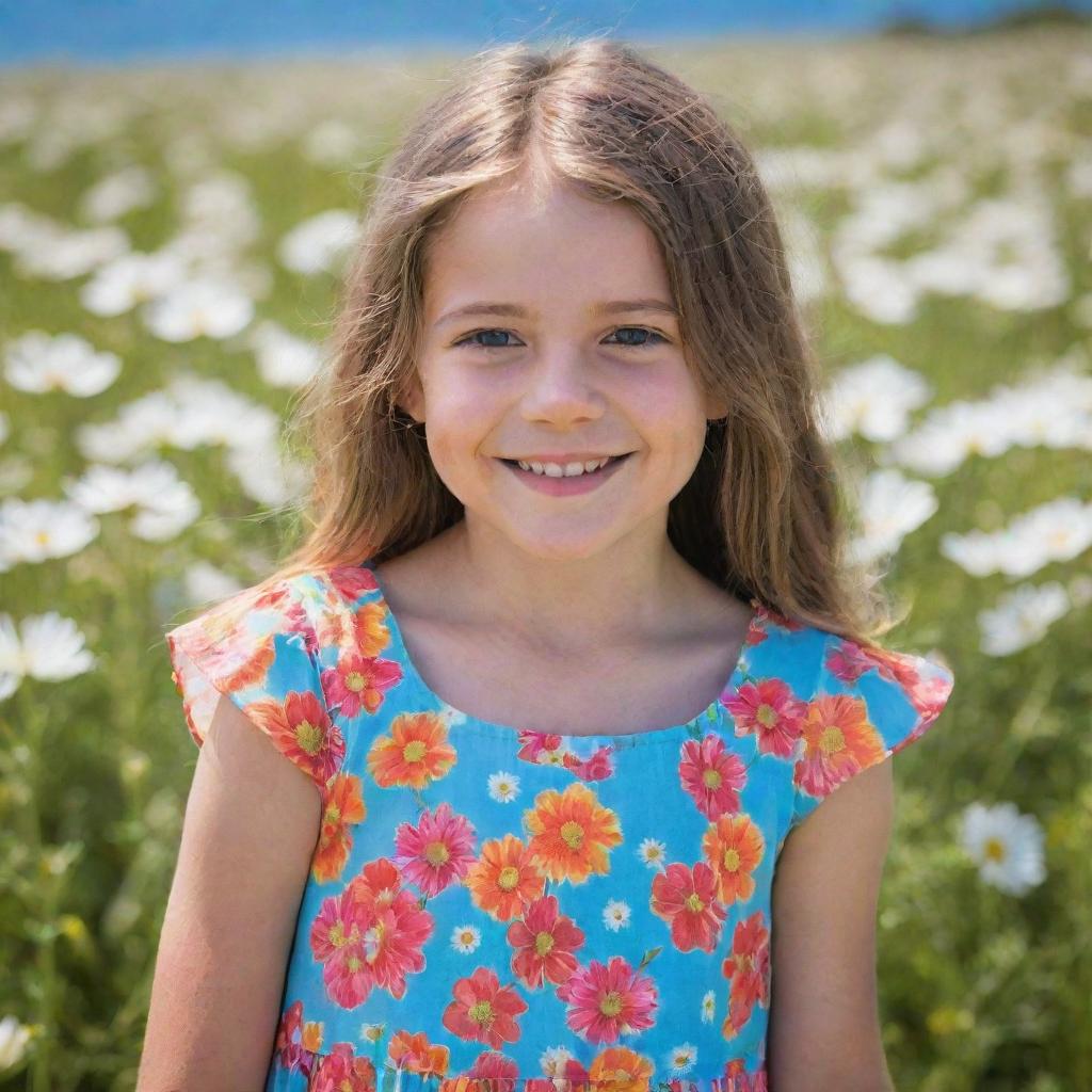 A young girl with shining eyes and a radiant smile, dressed in a colorful summer dress, standing in a field of blooming flowers with a bright blue sky in the background.