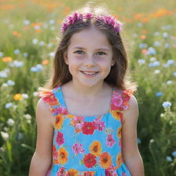 A young girl with shining eyes and a radiant smile, dressed in a colorful summer dress, standing in a field of blooming flowers with a bright blue sky in the background.