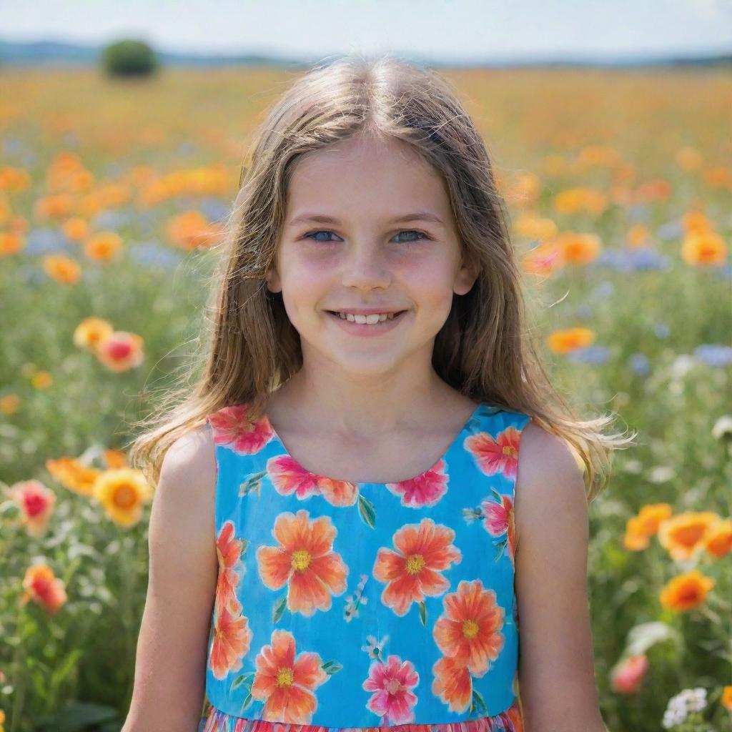 A young girl with shining eyes and a radiant smile, dressed in a colorful summer dress, standing in a field of blooming flowers with a bright blue sky in the background.