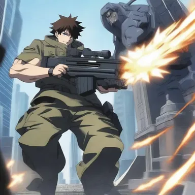 In the anime series, the protagonist wields a powerful machine gun to defeat the monstrous creatures.