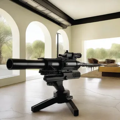 The sleek and modern interiors of the house were accentuated by the presence of a mounted machine gun as a unique design element.