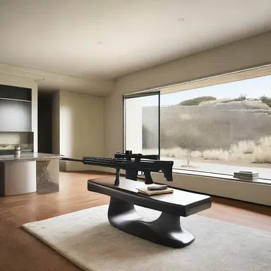 The sleek and modern interiors of the house were accentuated by the presence of a mounted machine gun as a unique design element.