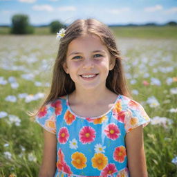 A young girl with shining eyes and a radiant smile, dressed in a colorful summer dress, standing in a field of blooming flowers with a bright blue sky in the background.