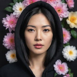 A hyper-realistic portrait of an incredibly beautiful Asian woman with black hair, donned in a black hoodie, against a background adorned with flowers