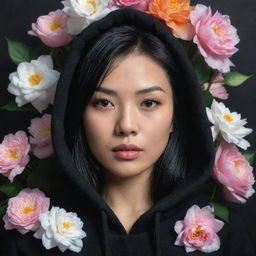 A hyper-realistic portrait of an incredibly beautiful Asian woman with black hair, donned in a black hoodie, against a background adorned with flowers