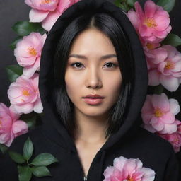 A hyper-realistic portrait of an incredibly beautiful Asian woman with black hair, donned in a black hoodie, against a background adorned with flowers