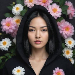 A hyper-realistic portrait of an incredibly beautiful Asian woman with black hair, donned in a black hoodie, against a background adorned with flowers