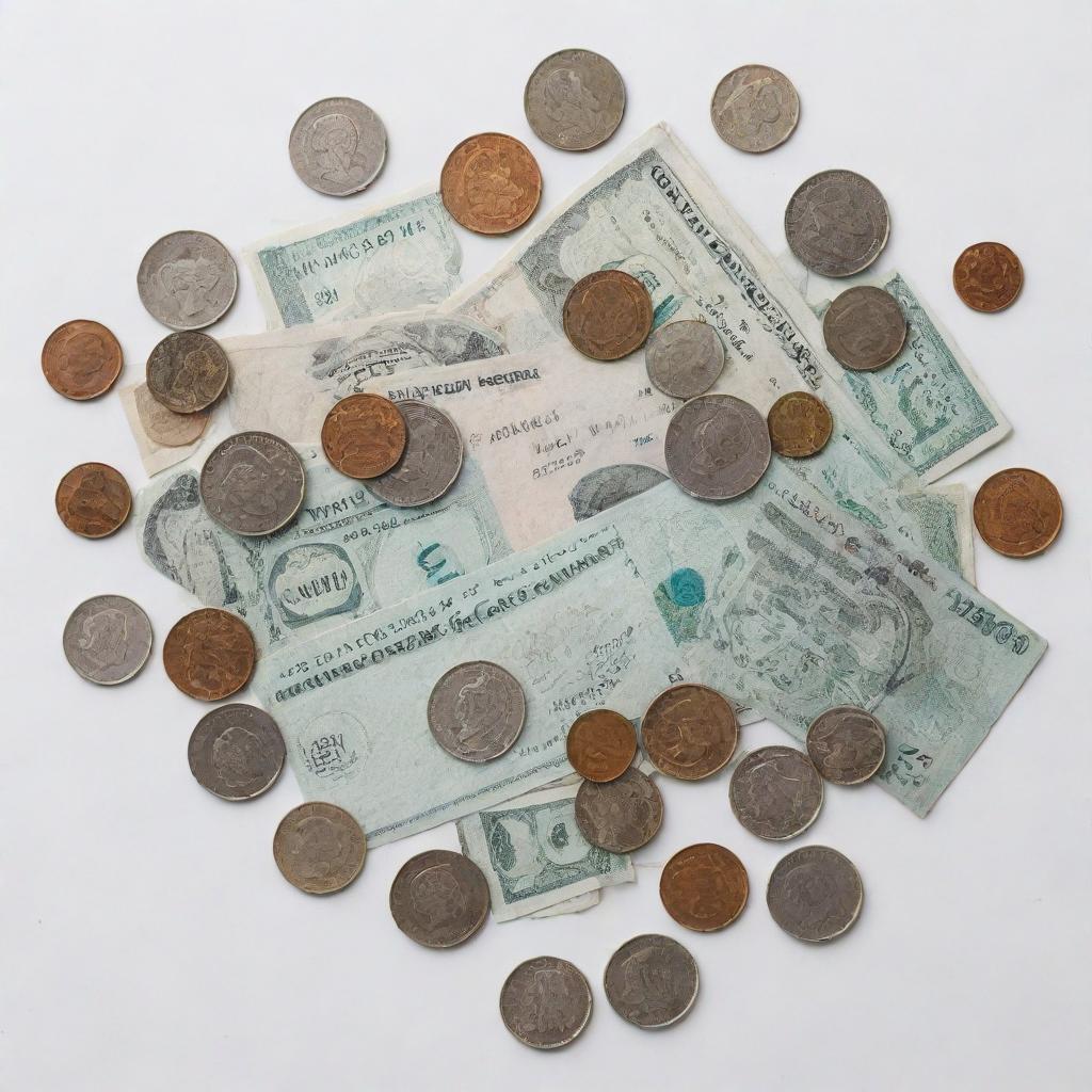 A variety of small denomination currency bills and coins neatly displayed against a crisp, white background