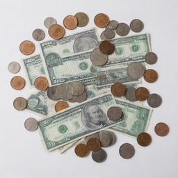 A variety of small denomination currency bills and coins neatly displayed against a crisp, white background