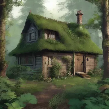 In the fantasy novel, the protagonist stumbles upon a secluded cottage in the sloppy woods, surrounded by overgrown plants and unkempt gardens.