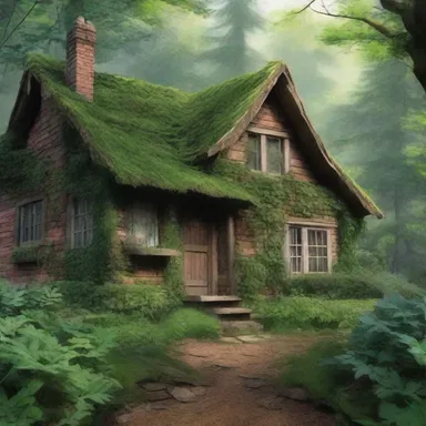 In the fantasy novel, the protagonist stumbles upon a secluded cottage in the sloppy woods, surrounded by overgrown plants and unkempt gardens.