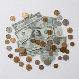 A variety of small denomination currency bills and coins neatly displayed against a crisp, white background