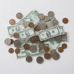 A variety of small denomination currency bills and coins neatly displayed against a crisp, white background