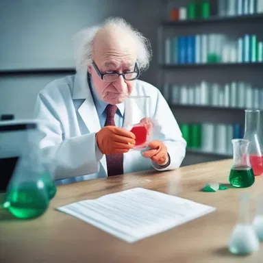 In the laboratory, the scientist's experiment went wrong and a beaker shattered, leaving his notes soaked and sloppy with chemicals.