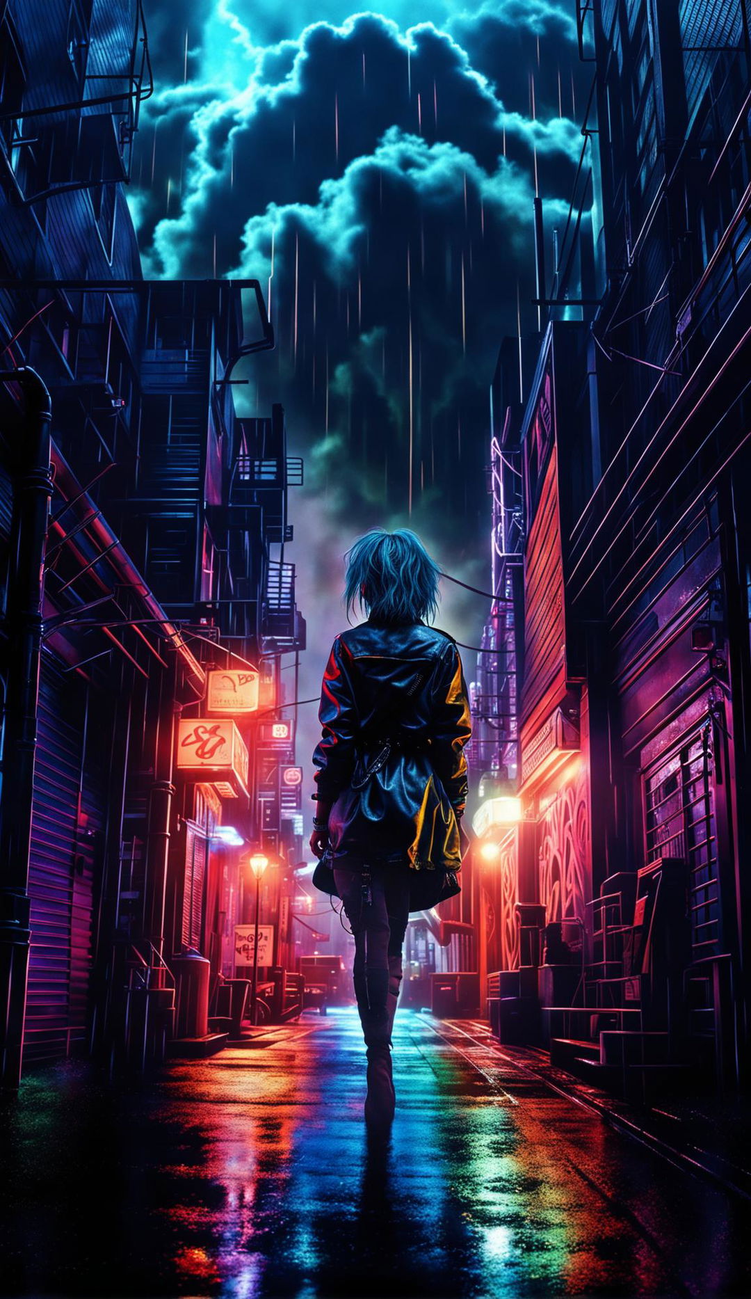 A Ghostpunk world in a hyper-detailed, photorealistic image with cinematic lighting, HDR and HD quality. A woman with long wet hair is seen from the back, walking off into the distance into an alleyway, slightly out of frame. The scene is set under thunderclouds and it's raining. Rendered with Redshift, it's a fine art digital piece reminiscent of Mark Molnar's mystical works. Ghostly figures in punk attire populate this Gothic-futuristic cityscape under a neon-lit night sky.