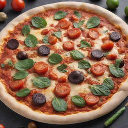 An appetizing pizza topped with a rich tomato sauce, a variety of colorful vegetables, and cooked to golden perfection, notably without olives and cheese.