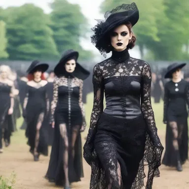 The gothic fashion show featured models dressed in black lace and leather inspired by the eerie atmosphere of the graveyard.