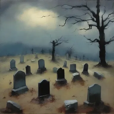 The artist painted a hauntingly beautiful landscape depicting an old graveyard with crumbling tombstones.