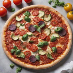 An appetizing pizza topped with a rich tomato sauce, a variety of colorful vegetables, and cooked to golden perfection, notably without olives and cheese.