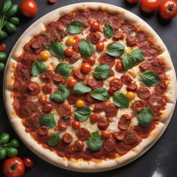 An appetizing pizza topped with a rich tomato sauce, a variety of colorful vegetables, and cooked to golden perfection, notably without olives and cheese.