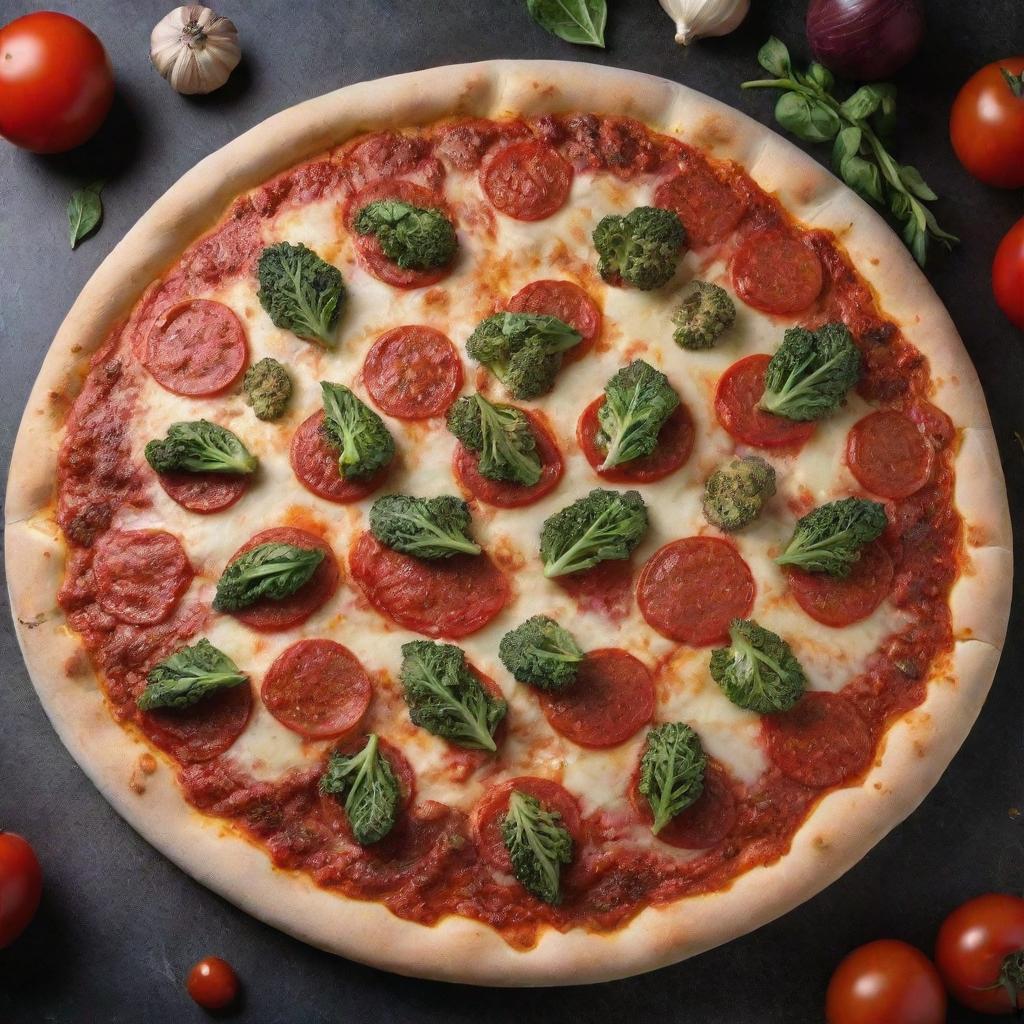 An appetizing pizza topped with a rich tomato sauce, a variety of colorful vegetables, and cooked to golden perfection, notably without olives and cheese.