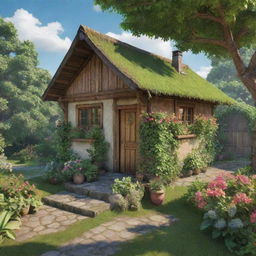 The quaint hut in a peaceful village transmuted into a lively, vibrant animated style, with lush greenery and rustic charm