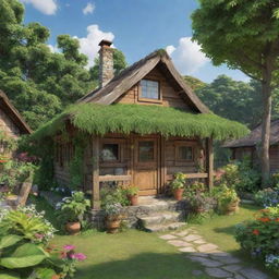 The quaint hut in a peaceful village transmuted into a lively, vibrant animated style, with lush greenery and rustic charm