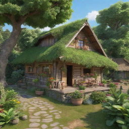 The quaint hut in a peaceful village transmuted into a lively, vibrant animated style, with lush greenery and rustic charm