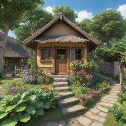 The quaint hut in a peaceful village transmuted into a lively, vibrant animated style, with lush greenery and rustic charm