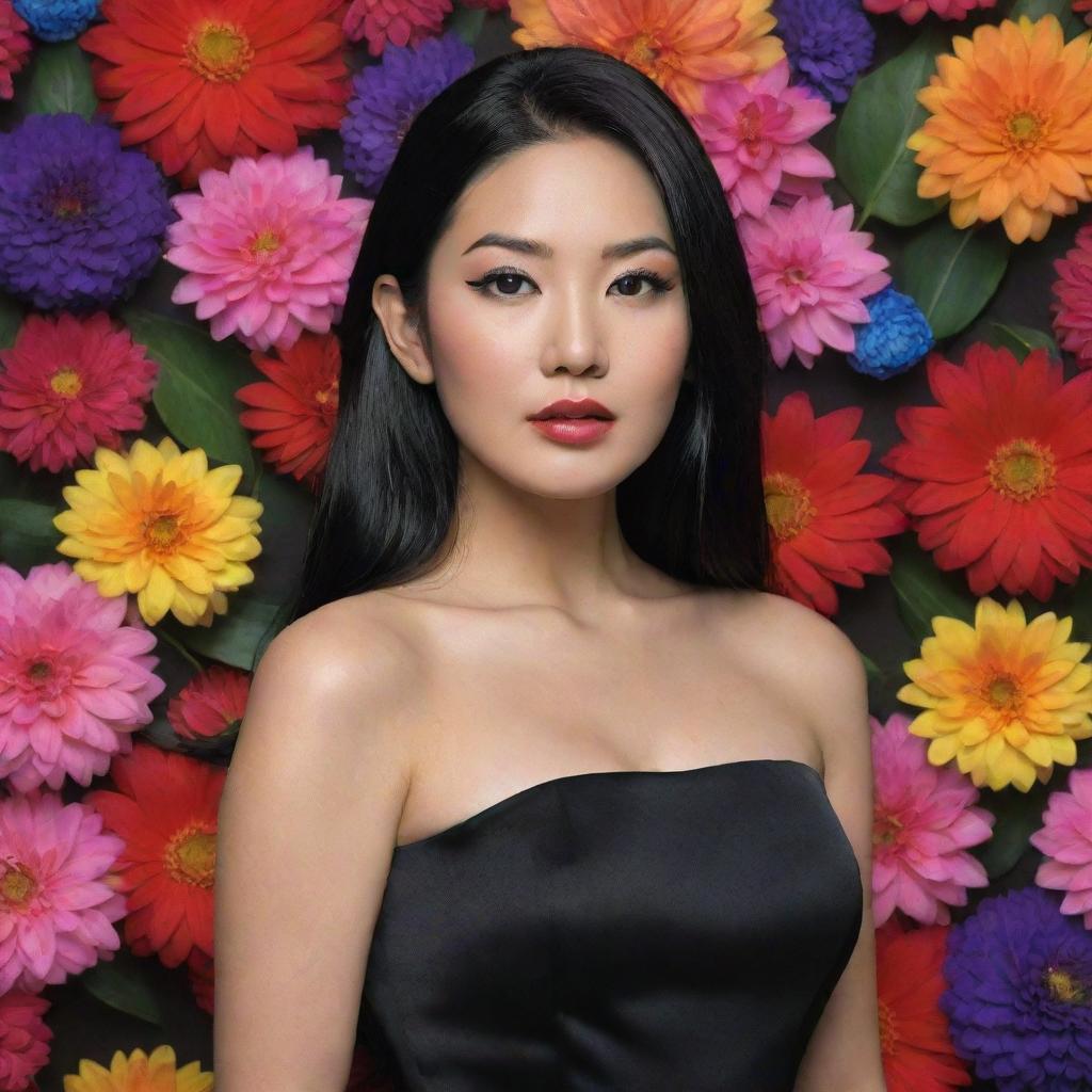 A hyper-realistic portrayal of an extremely beautiful Asian woman with black hair, wearing a black dress, set against a vivid and colorful flower-laden background