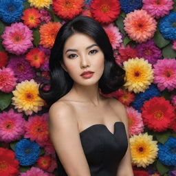 A hyper-realistic portrayal of an extremely beautiful Asian woman with black hair, wearing a black dress, set against a vivid and colorful flower-laden background