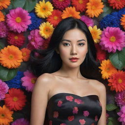 A hyper-realistic portrayal of an extremely beautiful Asian woman with black hair, wearing a black dress, set against a vivid and colorful flower-laden background