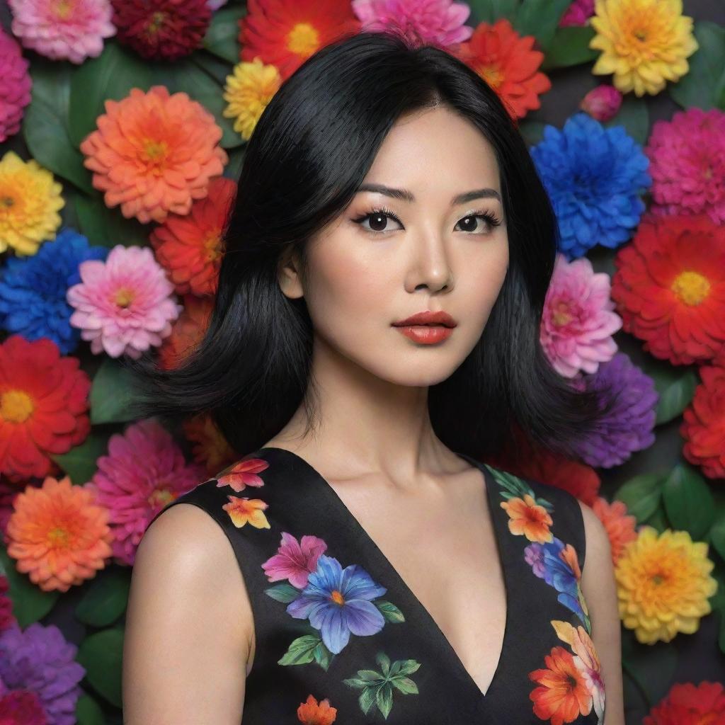 A hyper-realistic portrayal of an extremely beautiful Asian woman with black hair, wearing a black dress, set against a vivid and colorful flower-laden background