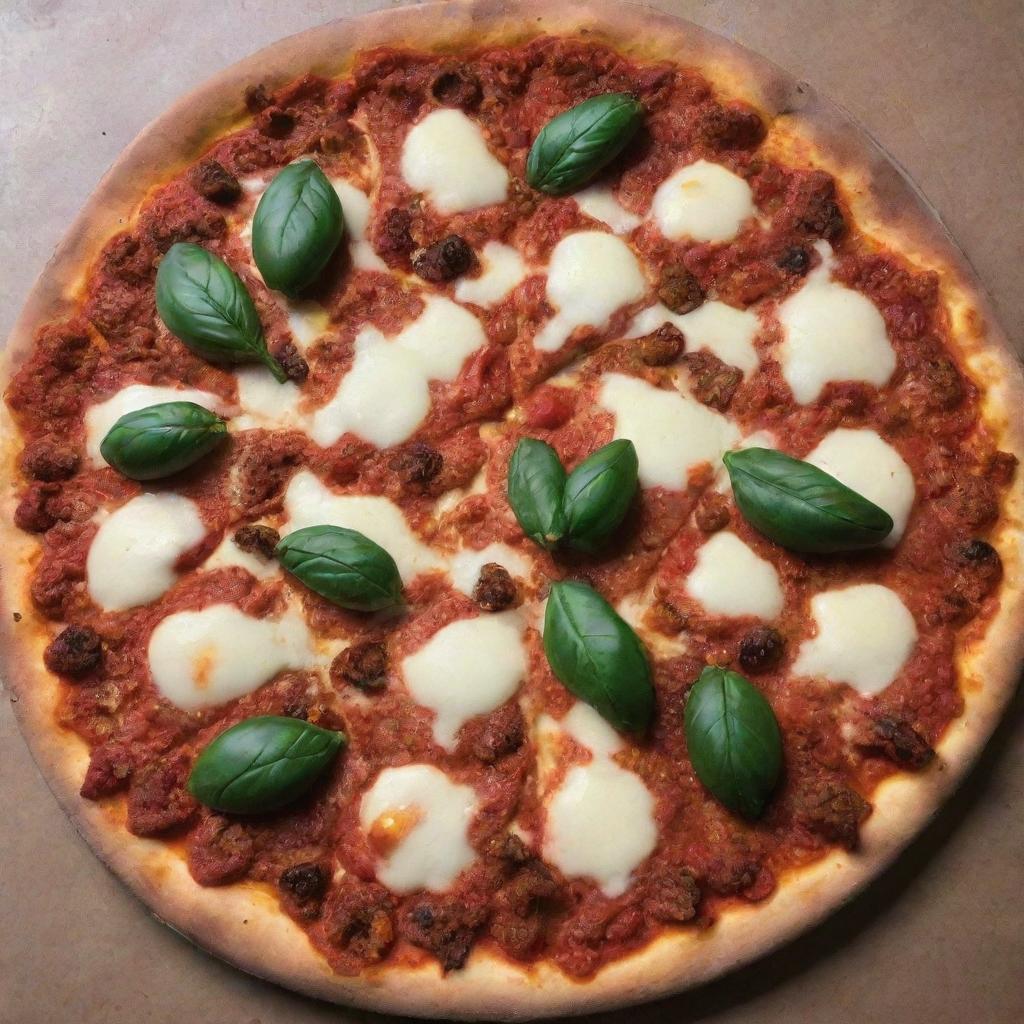 The previously described pizza, but now devoid of any cheese, highlighting the rich tomato sauce and the various other toppings.