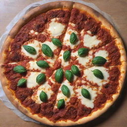 The previously described pizza, but now devoid of any cheese, highlighting the rich tomato sauce and the various other toppings.