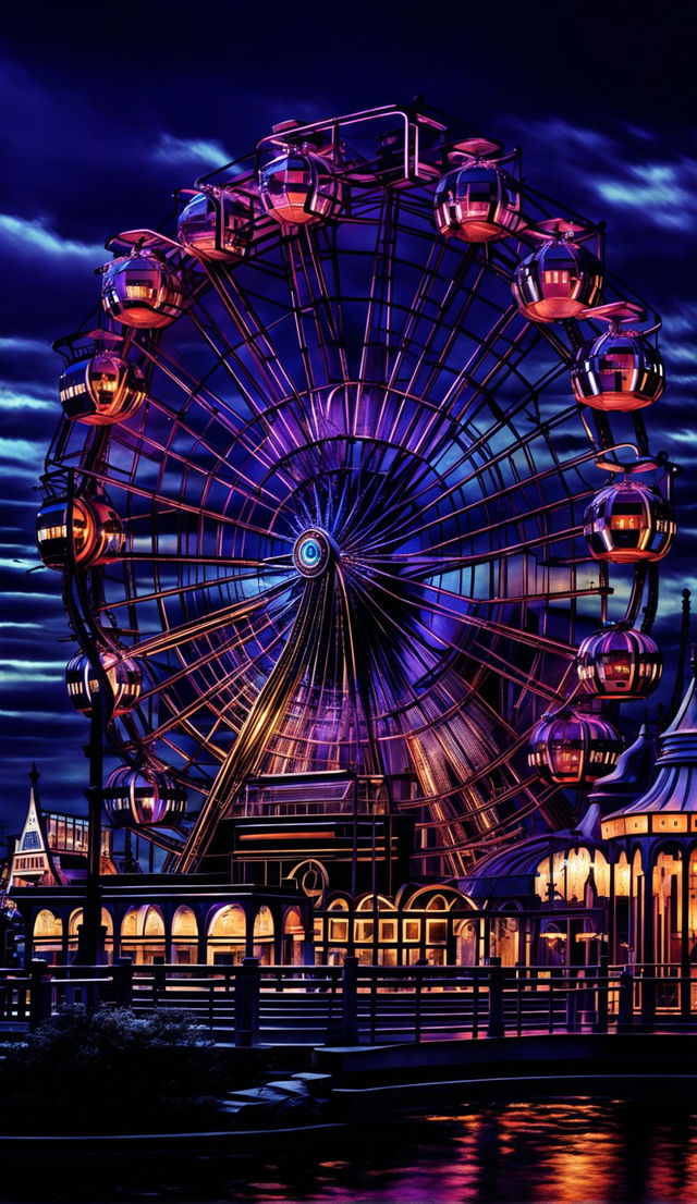 A ghostpunk theme park featuring a prominent ferris wheel and half of a merry-go-round in a fine art digital photograph with cinematic lighting, HDR, and hyper-detailed realism. Ghostly apparitions interact with the steampunk rides under a Mark Molnar-inspired color palette.