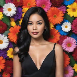 A hyper-realistic image of the most beautiful Filipino woman with black hair, dressed in a black dress, set against a vibrant, colorful background of flowers