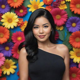 A hyper-realistic image of the most beautiful Filipino woman with black hair, dressed in a black dress, set against a vibrant, colorful background of flowers