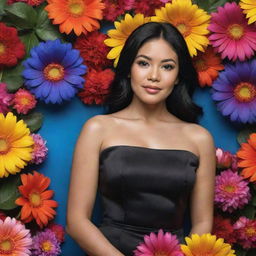 A hyper-realistic image of the most beautiful Filipino woman with black hair, dressed in a black dress, set against a vibrant, colorful background of flowers