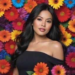 A hyper-realistic image of the most beautiful Filipino woman with black hair, dressed in a black dress, set against a vibrant, colorful background of flowers