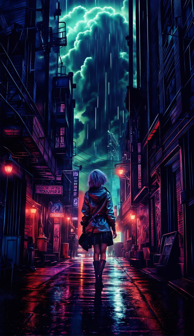 A Ghostpunk world in a hyper-detailed, photorealistic image with cinematic lighting, HDR and HD quality. A woman with long wet hair is seen from the back, walking off into the distance into an alleyway, slightly out of frame. The scene is set under thunderclouds and it's raining. Rendered with Redshift, it's a fine art digital piece reminiscent of Mark Molnar's mystical works. Ghostly figures in punk attire populate this Gothic-futuristic cityscape under a neon-lit night sky.