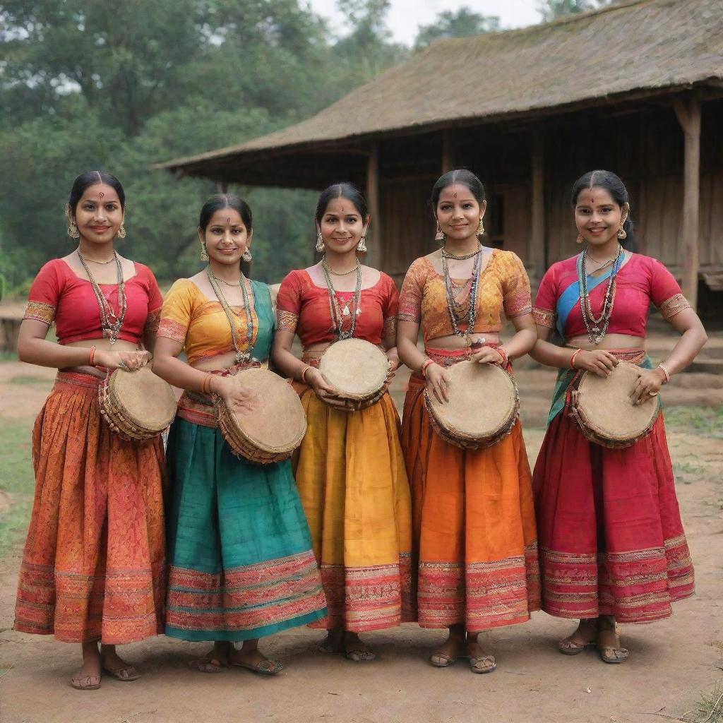 A vibrant display of Deshi culture showcasing traditional attire, local food, folk music instruments, and folk dances in a rural setting