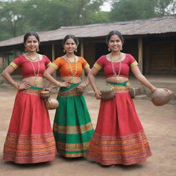 A vibrant display of Deshi culture showcasing traditional attire, local food, folk music instruments, and folk dances in a rural setting