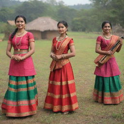 A vibrant display of Deshi culture showcasing traditional attire, local food, folk music instruments, and folk dances in a rural setting