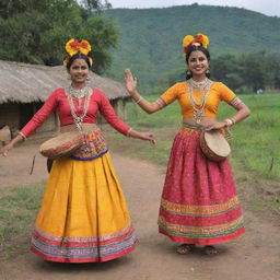 A vibrant display of Deshi culture showcasing traditional attire, local food, folk music instruments, and folk dances in a rural setting