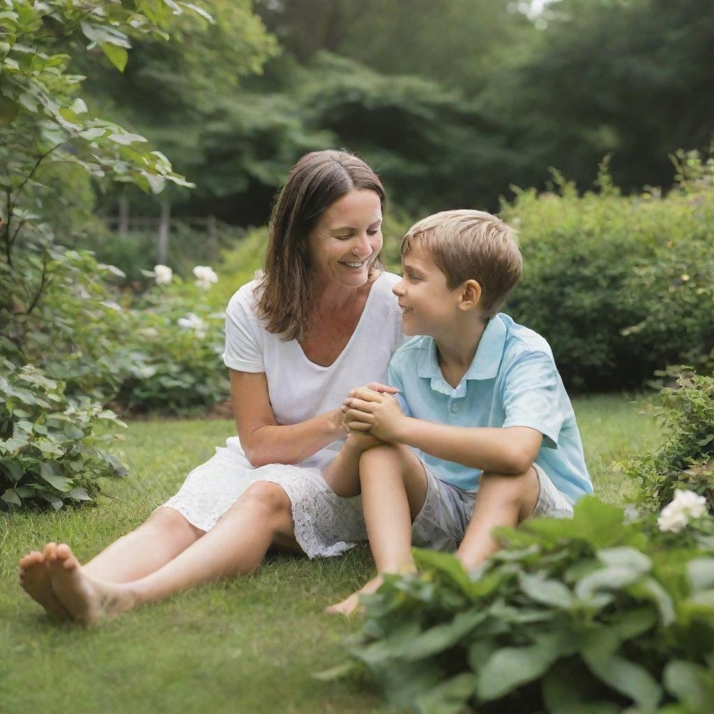 A mother and her 9-year-old son enjoying quality time in a beautiful heavenly garden.