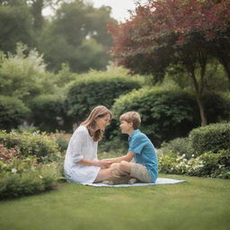 A mother and her 9-year-old son enjoying quality time in a beautiful heavenly garden.